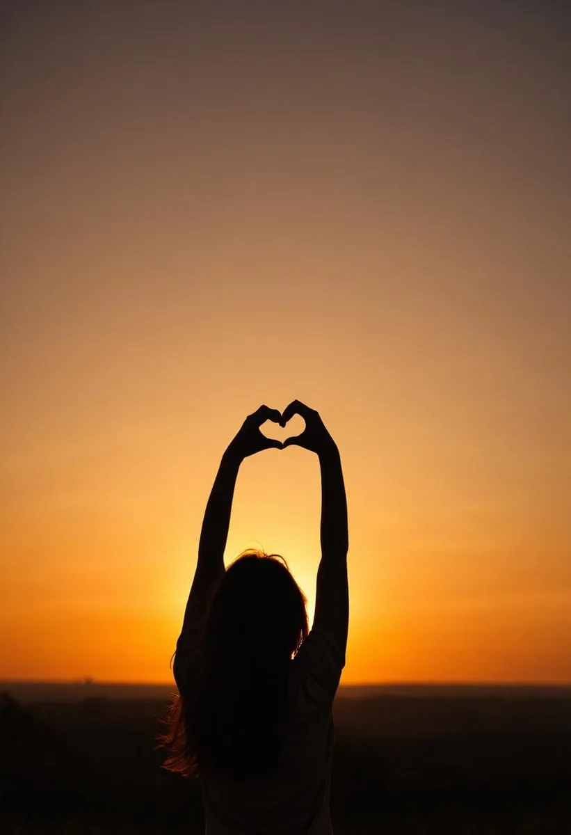 Silhouette of a woman forming a heart with hands against a sunset.