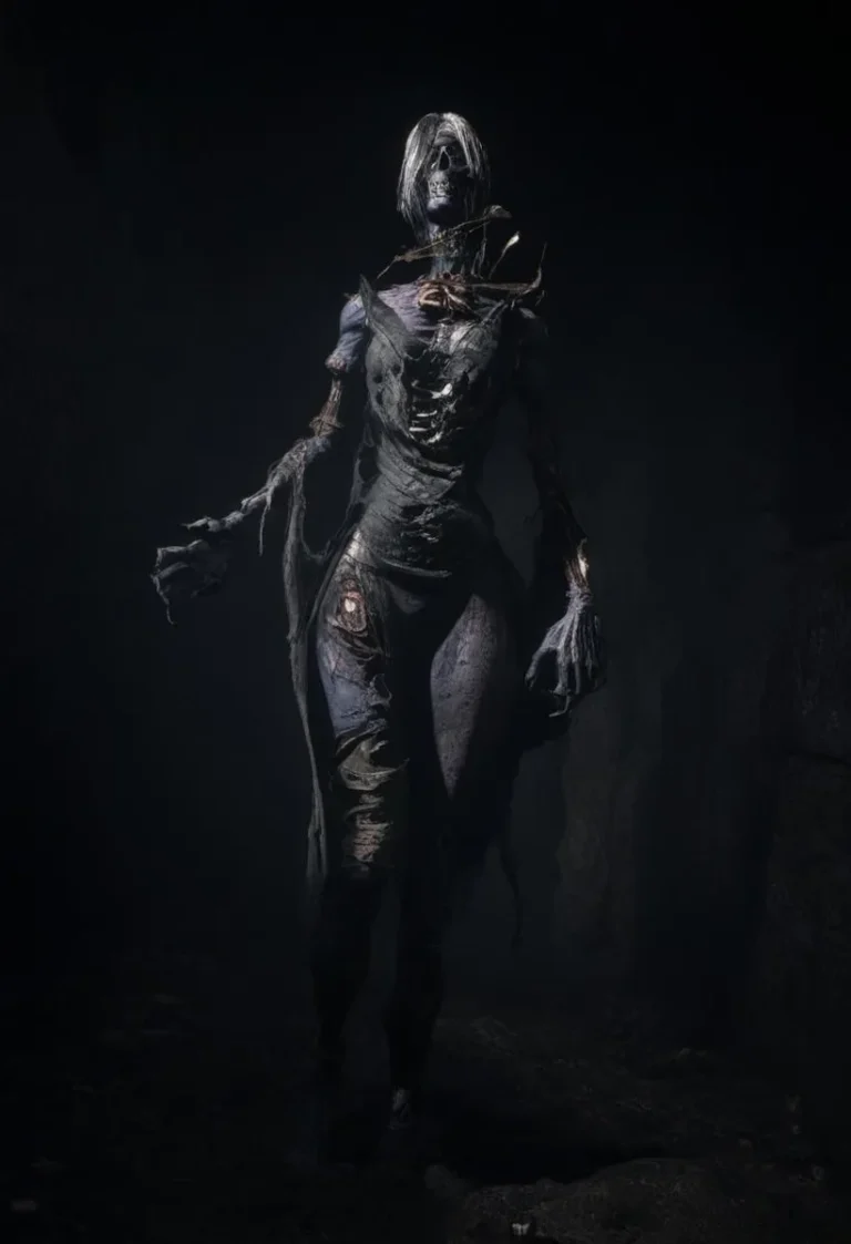 Undead woman with bony body and scars, holding a skull in a dark tomb with dramatic lighting.