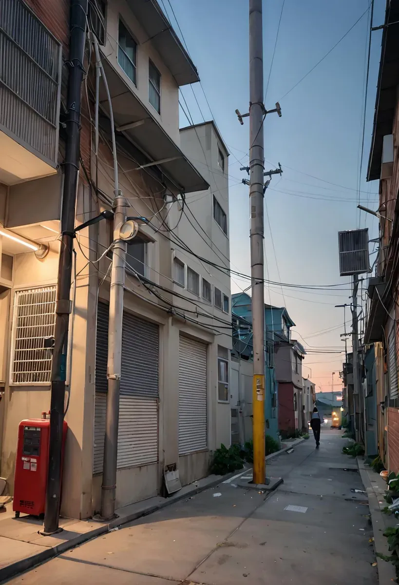 夜に電線、配電線、工業要素を備えた暗い都会の路地の風景。