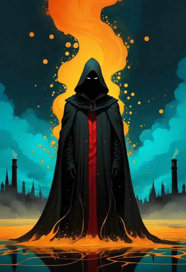 Portrait of a vampire lord with a black mask, red neon clothing, and auras, set in a vibrant Rococopunk style.