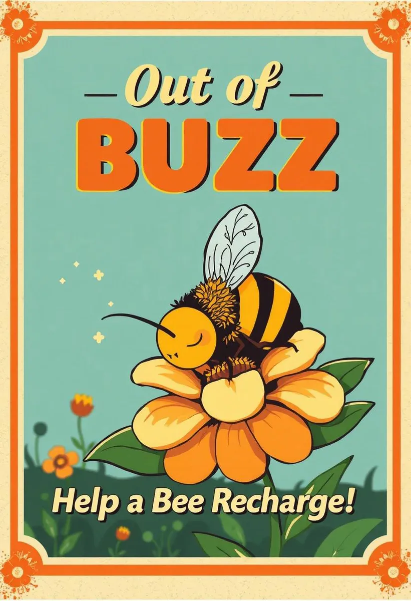 レトロデザインの漫画の蜂が花の上で眠っている『Out of BUZZ – Help a Bee Recharge!』のテキスト付き。