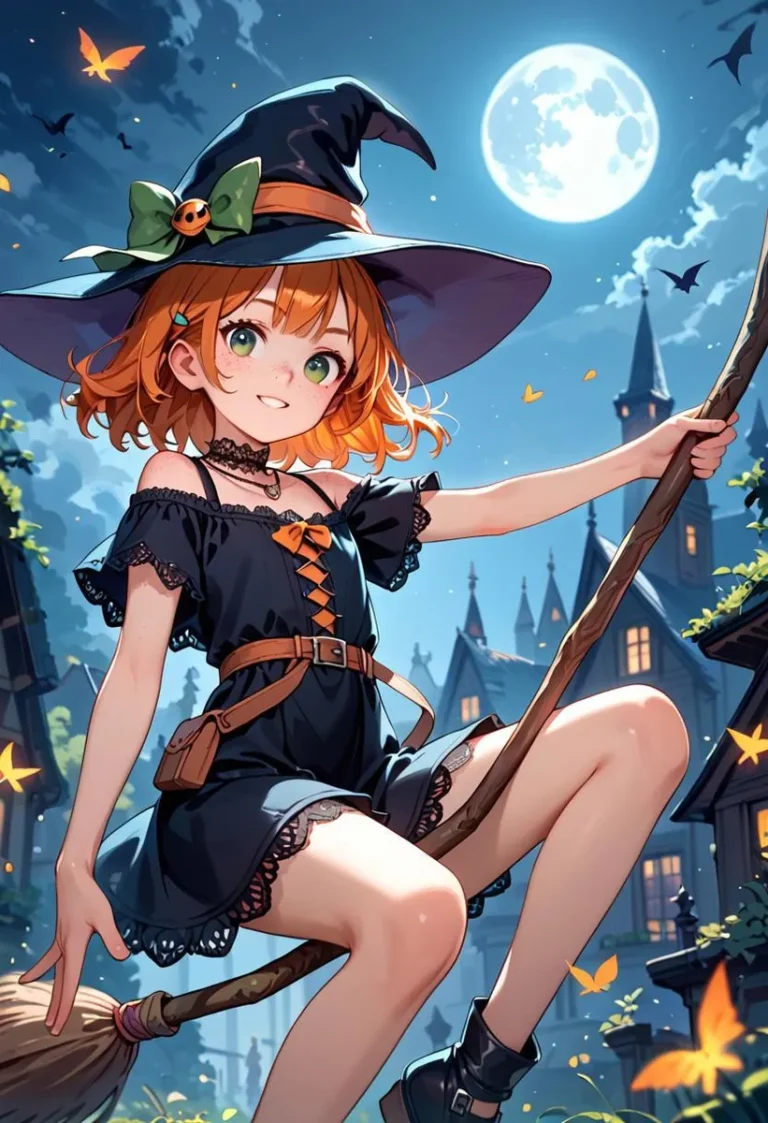 Young witch with ginger hair and green eyes rides a broomstick under the full moon, wearing a black dress and witch hat.