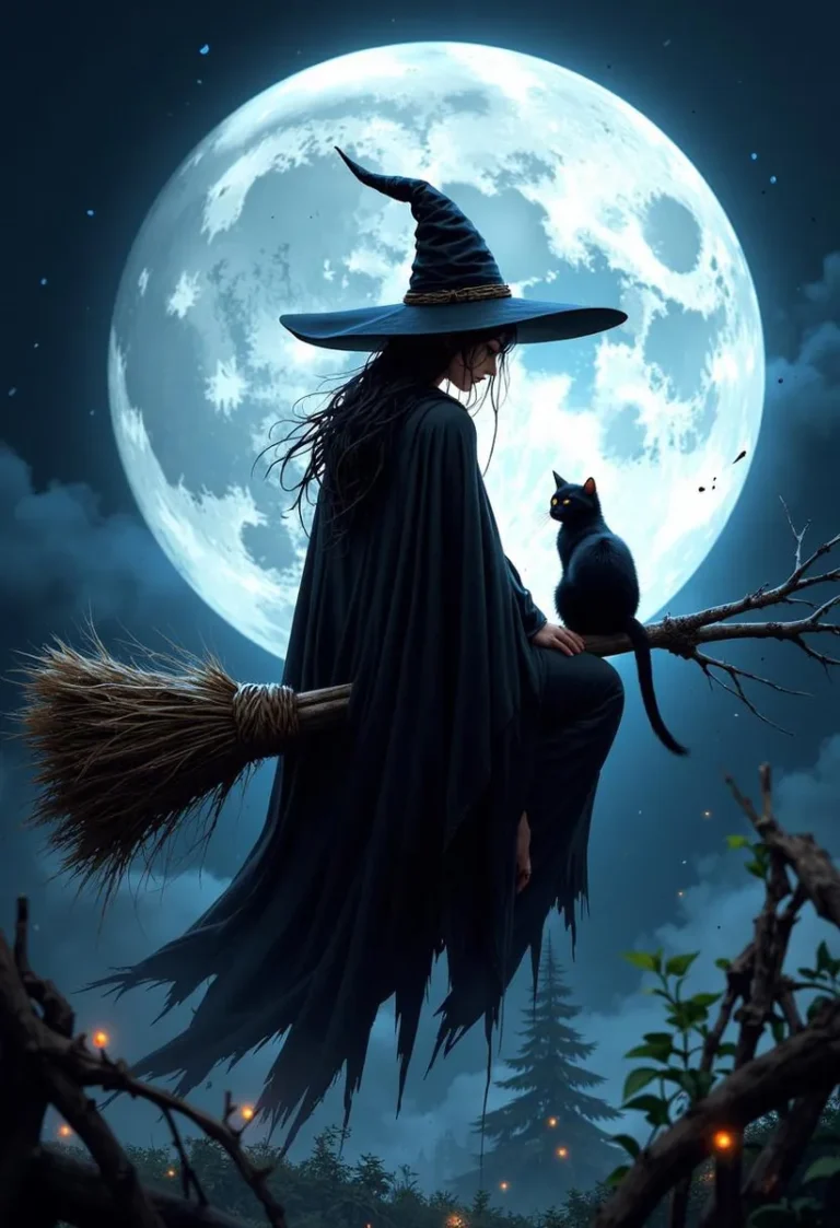 Silhouette of a witch and her cat on a broomstick in front of a full moon, featuring intricate details and vibrant colors.