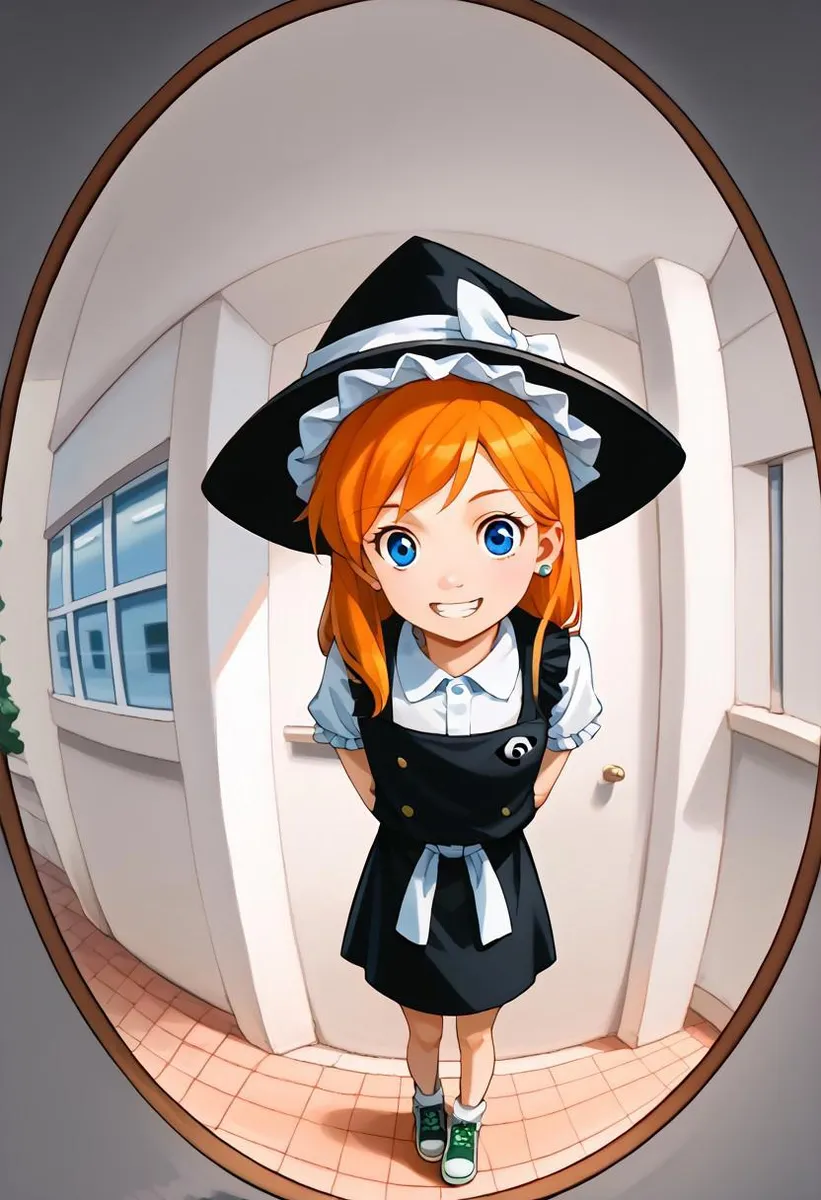 A girl in witch cosplay with orange hair and blue eyes, wearing a black dress and hat, smiling at the viewer.