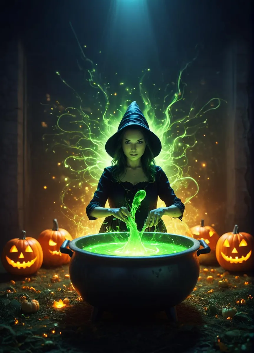 Witch stirring a cauldron with glowing green liquid, surrounded by jack-o'-lanterns.