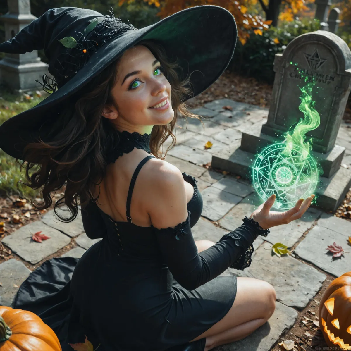 A witch girl with green eyes casting a spell in a graveyard with pumpkins and gravestones amidst an autumn forest.