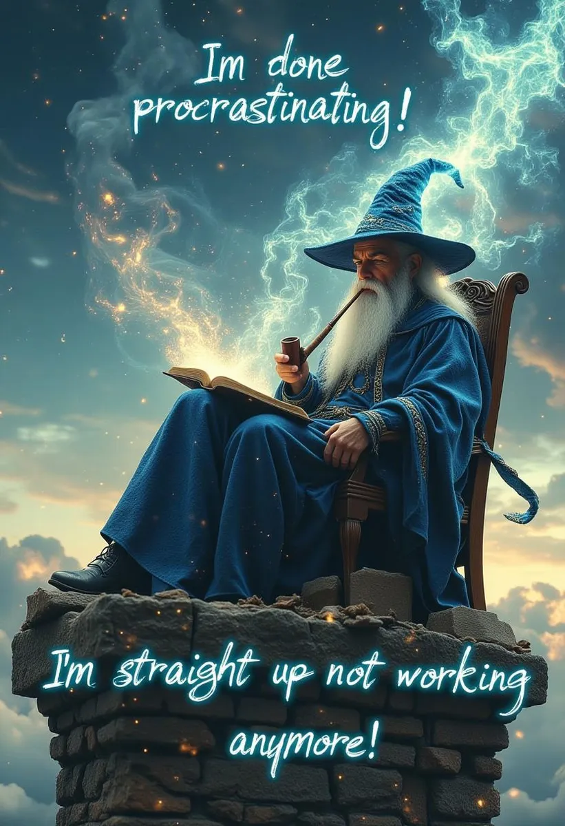 An old wizard with a white beard sits on a stone tower, smoking a pipe with magical smoke creating shapes. Whimsical text reads humorous quotes.