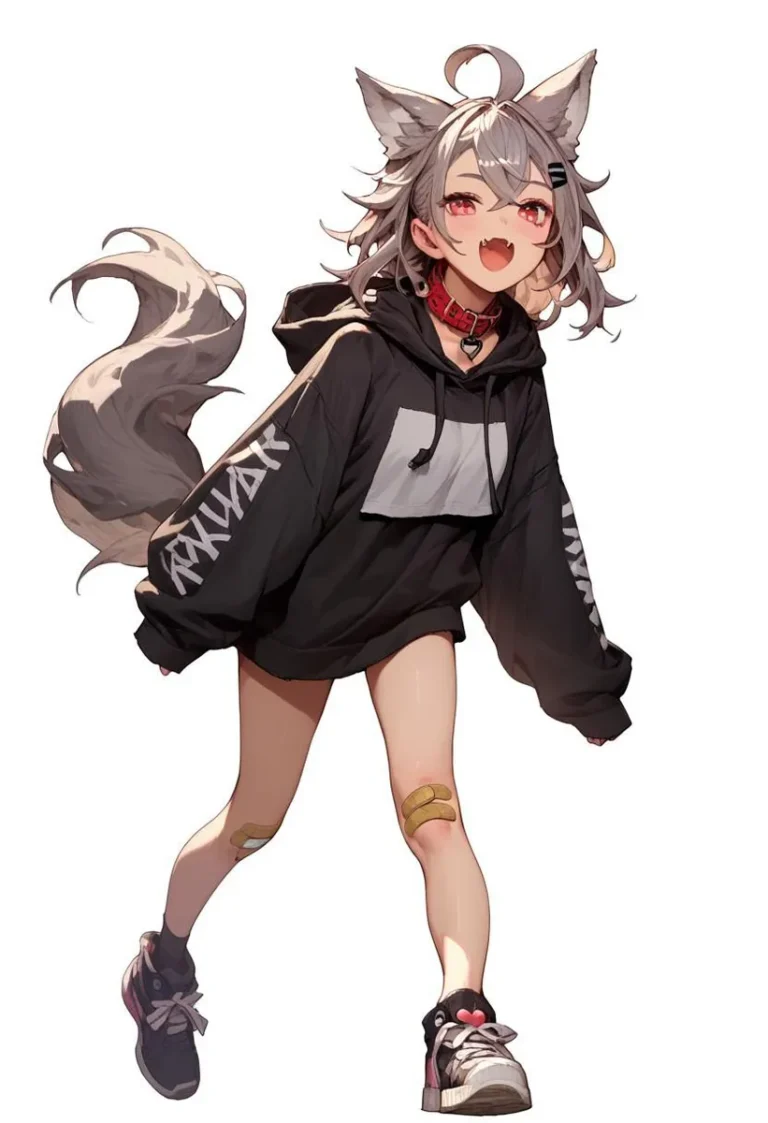 Anime wolf girl with grey hair and wolf ears, wearing a black hoodie, red collar, and sneakers, standing in a dynamic pose.