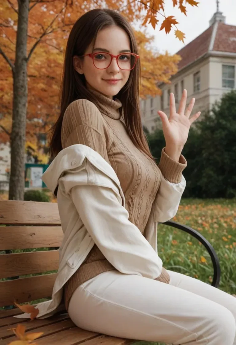 A woman with red glasses wearing a brown sweater and white jacket, sitting on a bench in an autumn park.