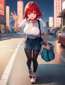 アニメスタイルの赤い髪の生徒が白いTシャツとデニムショーツを着てバッグを持ちながら、夕焼けの賑やかな都市の通りを歩く様子。Stable Diffusionを使ってAIで生成。