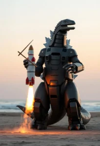 日の出のテキサスのビーチで、メカジラという名のロボットゴジラが箸を使って宇宙ロケットを捕まえる。背景には海が広がっている。