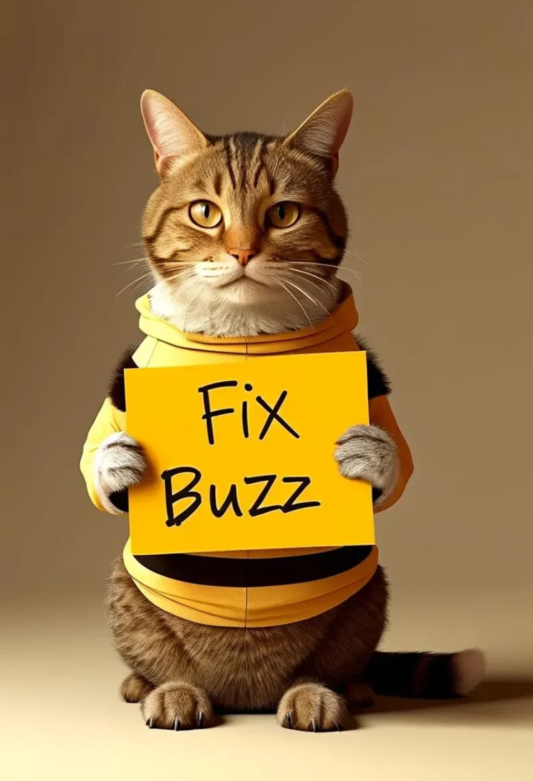 不格好な蜂のコスチュームを着たリアルな猫が「Fix Buzz」と書かれた看板を持っている。