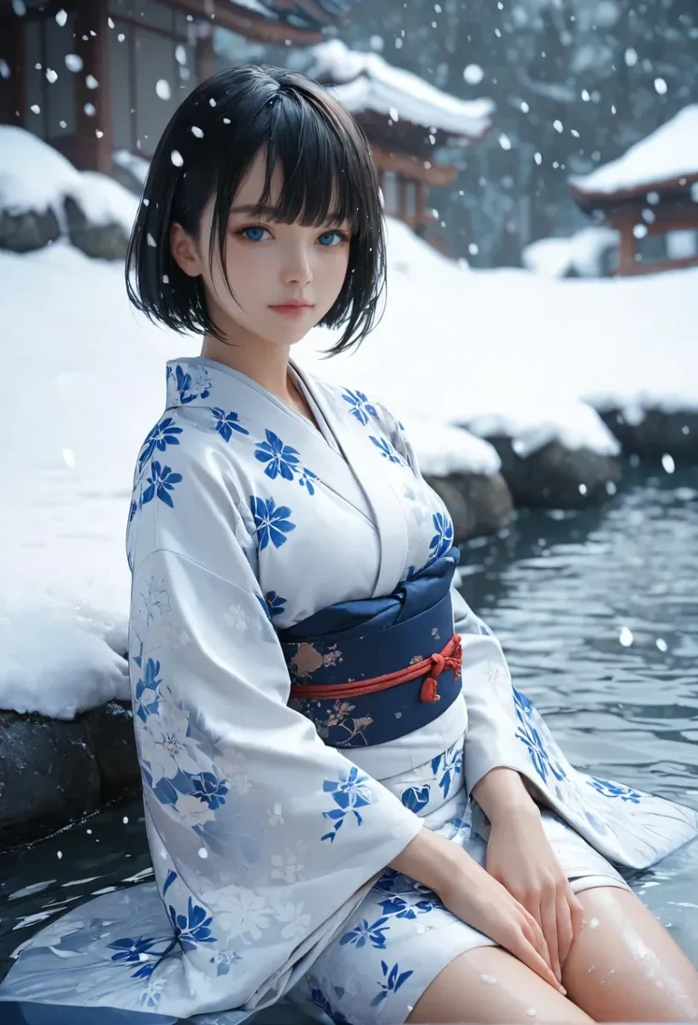 黒髪で青い目の少女が、花柄の白い着物を着て、雪の中で水辺に座っています。