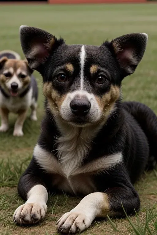 古い農家の近くの青々とした草の上で遊ぶ小さな黒と茶の犬。